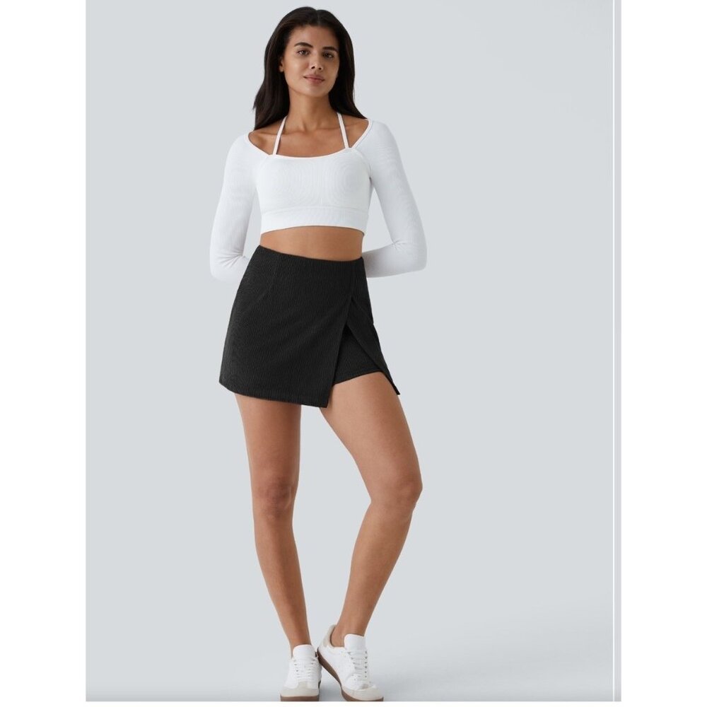 Ribbed Corduroy Mini Skort With Built-In Shorts & Side Slit, black, medium